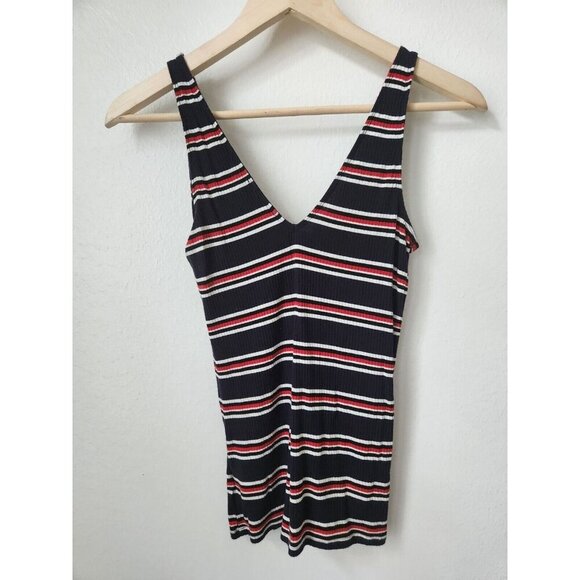 90s vibe Express blue red white‎ striped ribbed tight deep V tank top XXS - Picture 1 of 3